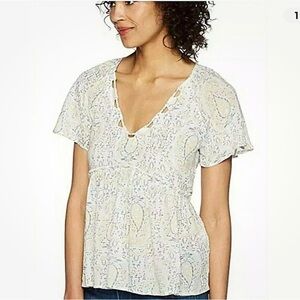 Lucky Brand Cream Paisley V-Neck Flutter Sleeve Top XL